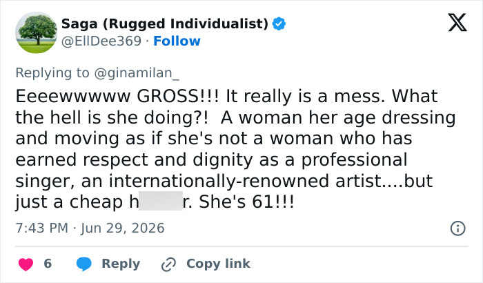 Saga (Rugged Individualist) reacts to Shania Twain's sheer look and dance moves, calling it gross and a mess.
