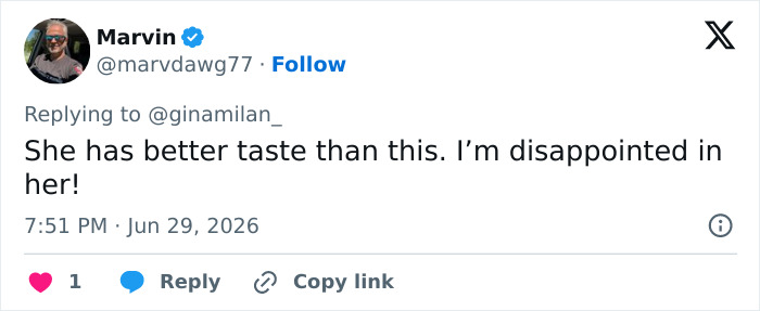 Tweet expressing disappointment in Shania Twain's taste, referencing her sheer look and dance moves.