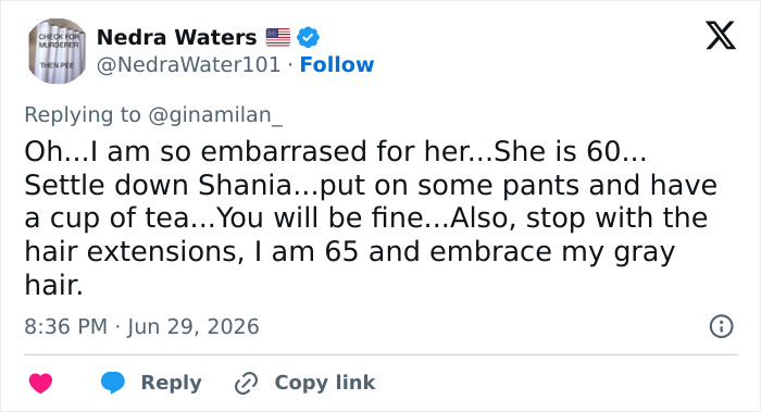 Shania Twain compared to Madonna over sheer look and cringe dance moves tweet from Nedra Waters.