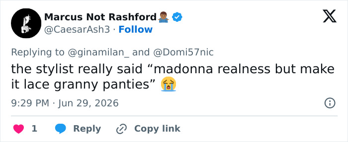 Marcus Not Rashford compares Shania Twain's sheer look to Madonna, calling it granny panties.