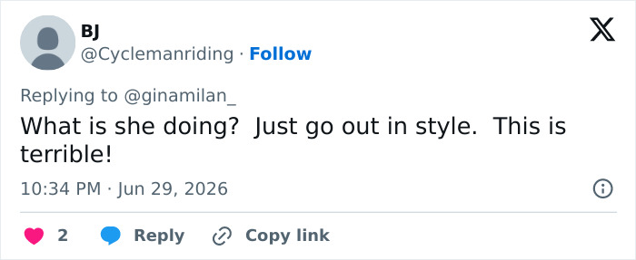 BJ's tweet criticizing Shania Twain's style, mentioning her sheer look and dance moves.