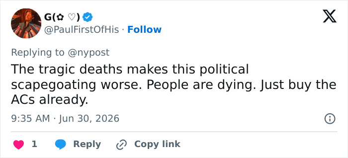 A tweet on a screen about heat wave casualty toll and the political scapegoating of Americans for Europe's climate crisis. A tweet on a screen about heat wave casualty toll and the political scapegoating of Americans for Europe's climate crisis.