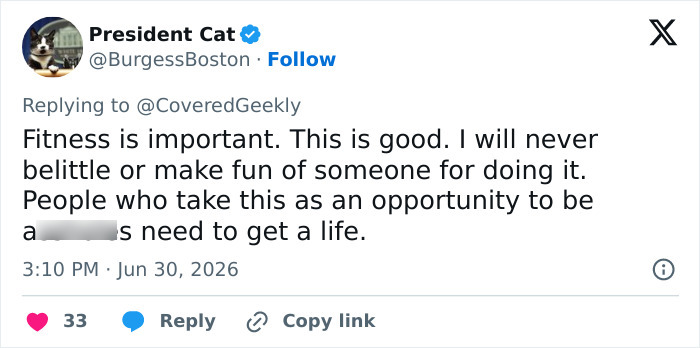 Screenshot of a tweet emphasizing the importance of fitness, referencing Elliot Page's shredded physique.