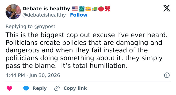 A tweet criticizing politicians for passing blame regarding the climate crisis and heat wave casualty toll. A tweet criticizing politicians for passing blame regarding the climate crisis and heat wave casualty toll.