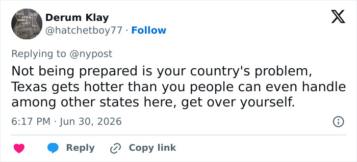 A tweet about the climate crisis, mentioning Texas heat and Europe's heat wave casualty toll. A tweet about the climate crisis, mentioning Texas heat and Europe's heat wave casualty toll.