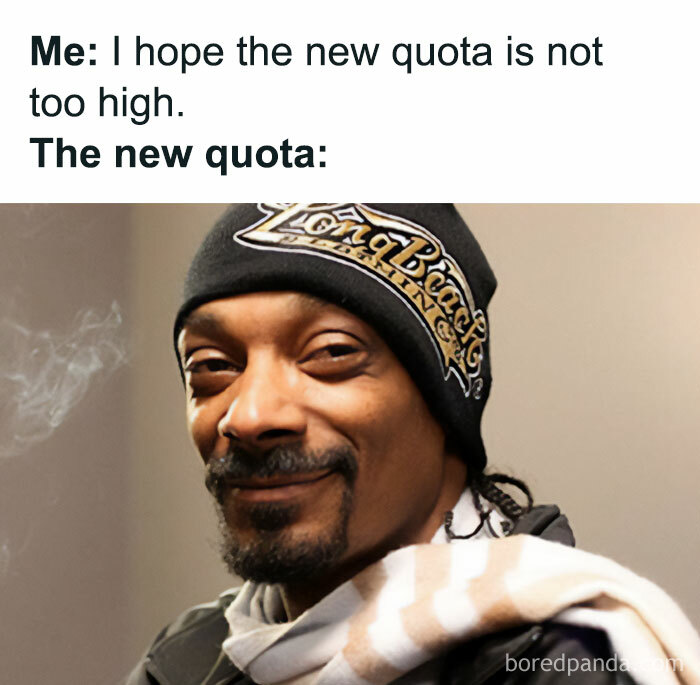 Sales meme about new quota with smirking man smiling face