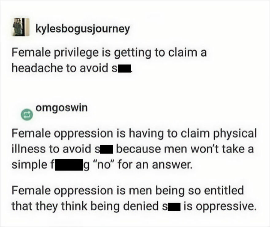 Feminist post contrasting female privilege and female oppression on refusal scenarios