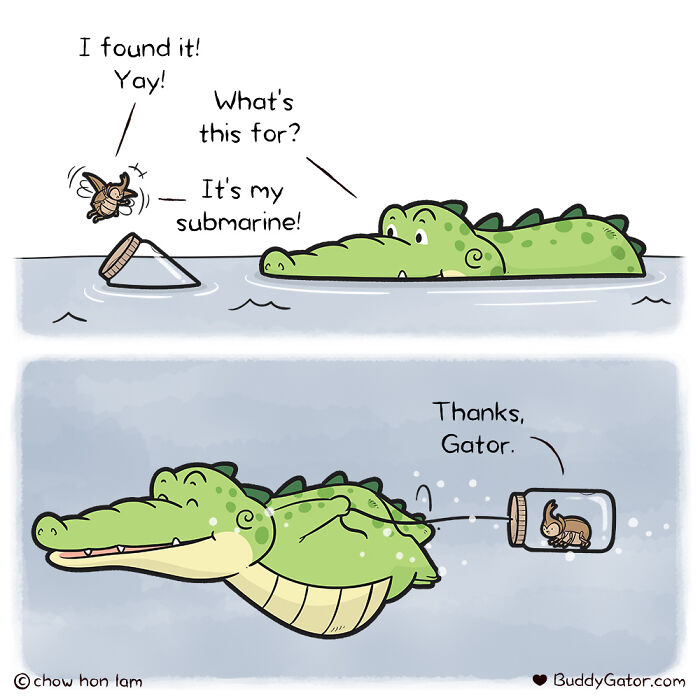 Wholesome comics of an alligator helping a turtle in a jar as a submarine, demonstrating friendship.