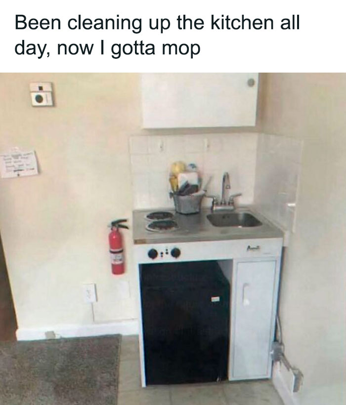 A tiny, minimalist kitchen setup with a small stove, sink, and fridge, captioned Been cleaning up the kitchen all day, now I gotta mop, for chaotic and unhinged pics.