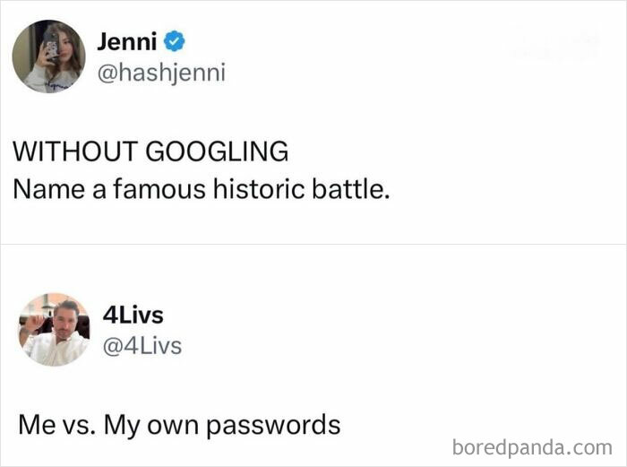 Funny post satirizing corporate life: a tweet about passwords being a historic battle, shared as a funny post.