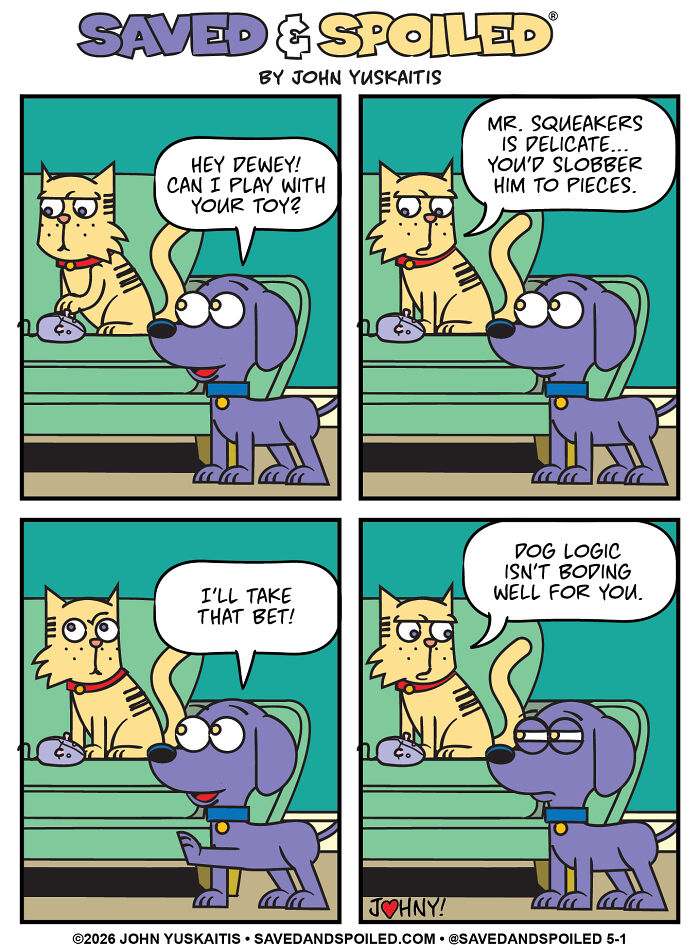 Comic dog asking cat to play with toy in funny dog and cat comics
