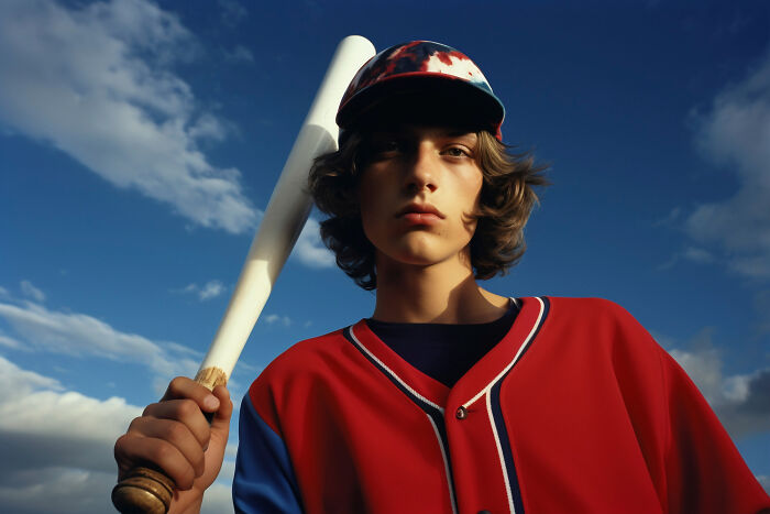 Teen baseball player in red jersey holding bat with serious look