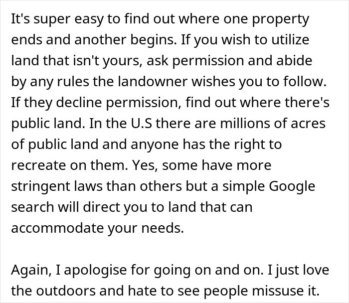 A screenshot showing text about how to utilize public land, providing a reality check to an entitled mom. A screenshot showing text about how to utilize public land, providing a reality check to an entitled mom.