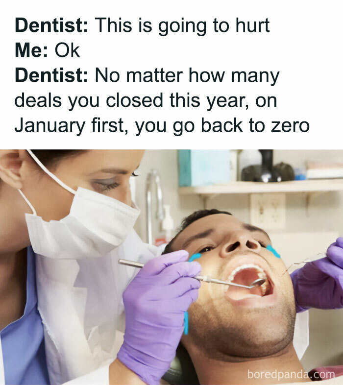 Dentist telling patient sales deals reset on January first with patient in dental chair