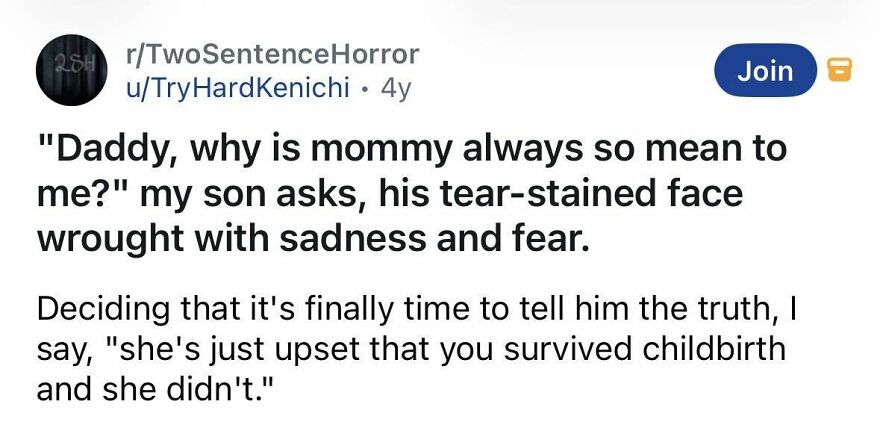 Horror story revealing a son's fear and mother's tragic d***h after childbirth.