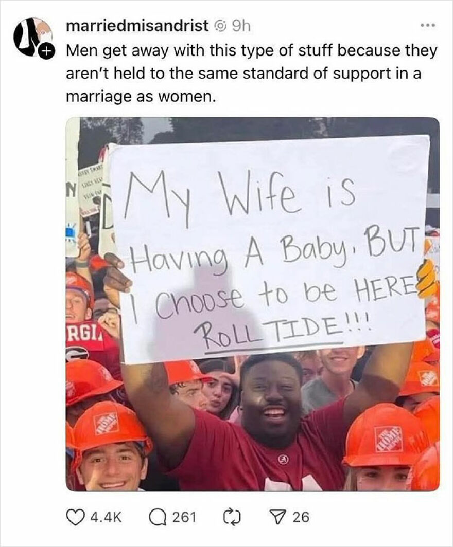 Feminist post highlighting unequal support standards for men and women in marriage.