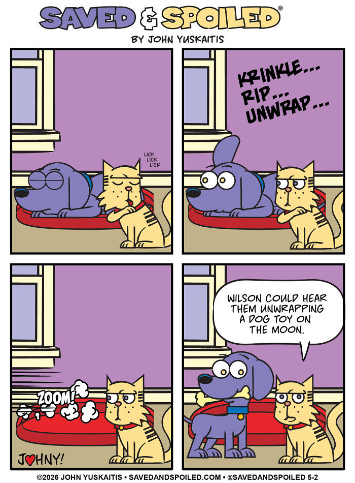Comic showing dog and cat with cat hearing a dog toy being unwrapped in pet comics