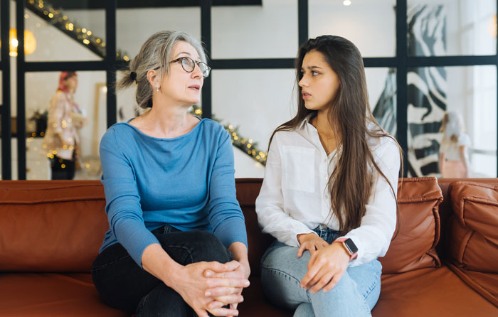 Woman talking seriously with older woman about family and creepy BIL issues Woman talking seriously with older woman about family and creepy BIL issues