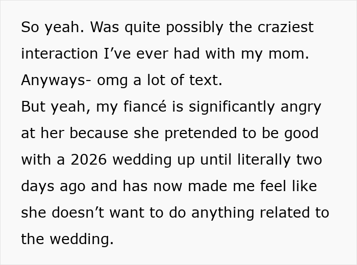 Screenshot of text about mom making daughter's wedding wait for her birthday celebration. Screenshot of text about mom making daughter's wedding wait for her birthday celebration.