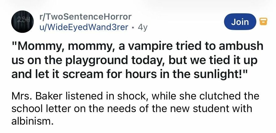 Spine-chilling story of a vampire ambush and a shocked mother concerned about a student with albinism.