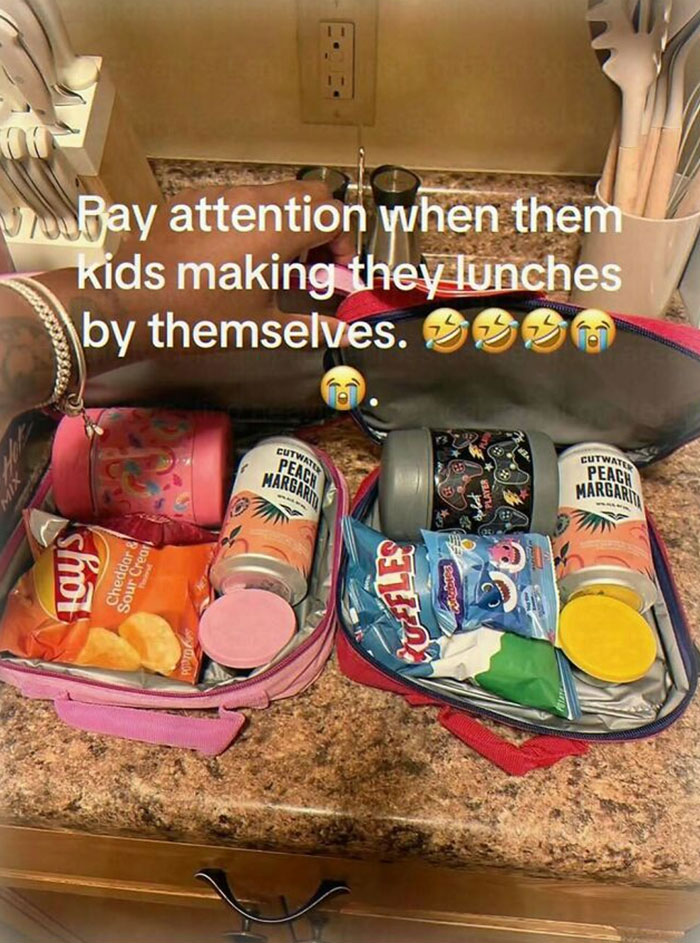 A chaotic pic of two lunchboxes with chips and peach margaritas instead of juice boxes, showing unhinged pics.