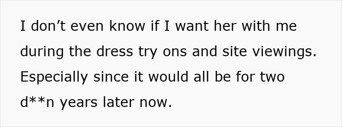 Screenshot of text expressing daughter's hesitation about mom's involvement in wedding plans. Screenshot of text expressing daughter's hesitation about mom's involvement in wedding plans.