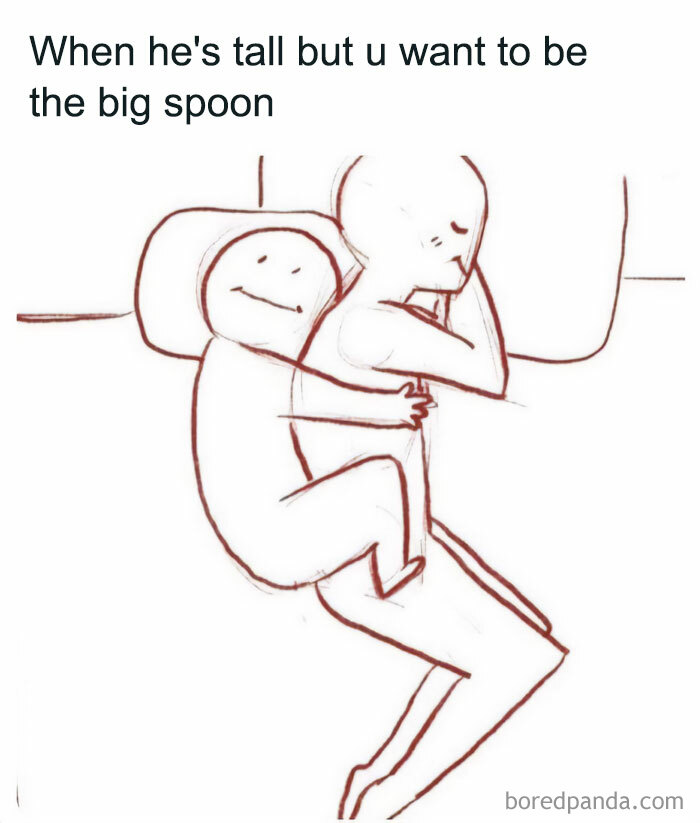 Relatable couple meme about tall partner and big spoon cuddling