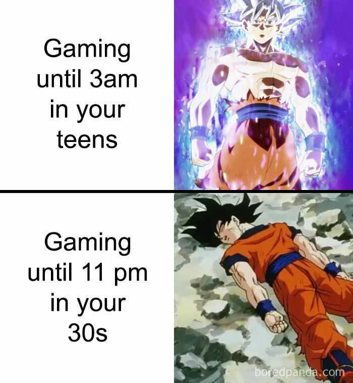 Meme comparing gaming until 3am in teens with gaming until 11pm in 30s with Dragon Ball characters