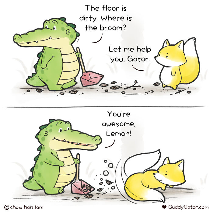 Wholesome comics of an alligator and fox cleaning together, showing friendship and teamwork.