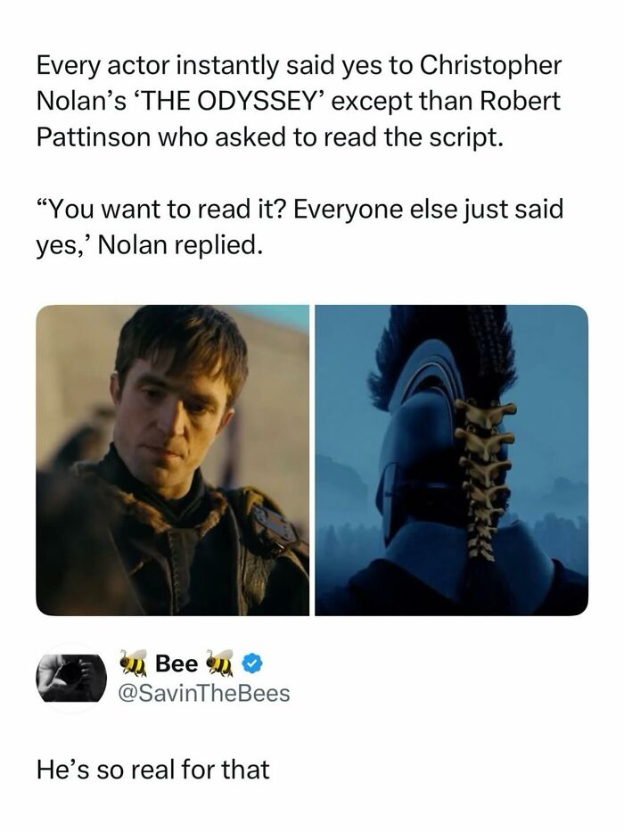 A split image showing actor Robert Pattinson and a detailed image of a warrior's helmet from The Odyssey, a pop culture post for instant good vibes.