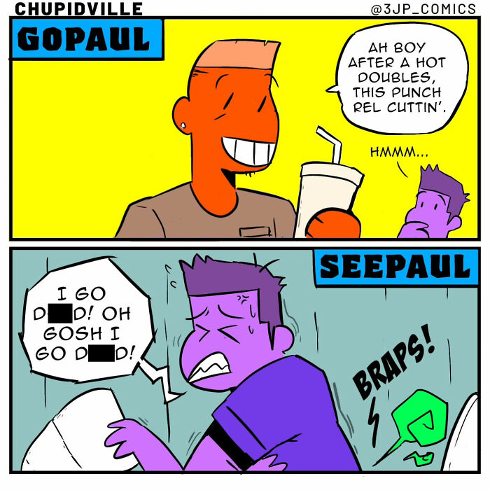 Funny comics about everyday moments: One person happily drinks while another expresses discomfort after a meal.
