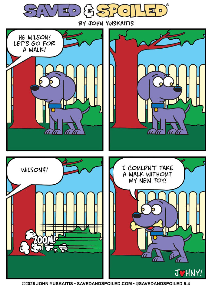 Comic strip of dog eager to walk but runs after toy dog comics