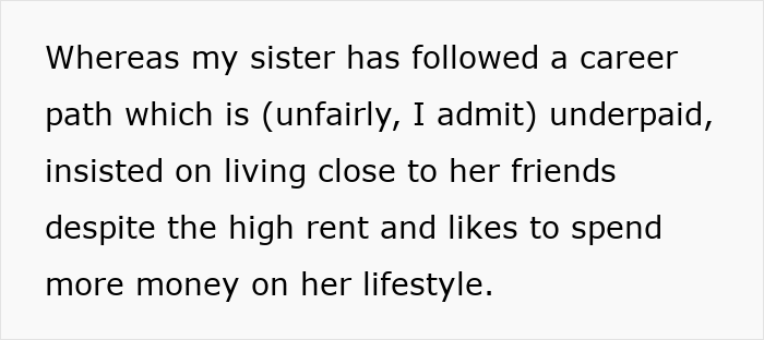 Text explaining sister's underpaid career, high rent, and spending habits in contrast to the frugal life. Text explaining sister's underpaid career, high rent, and spending habits in contrast to the frugal life.