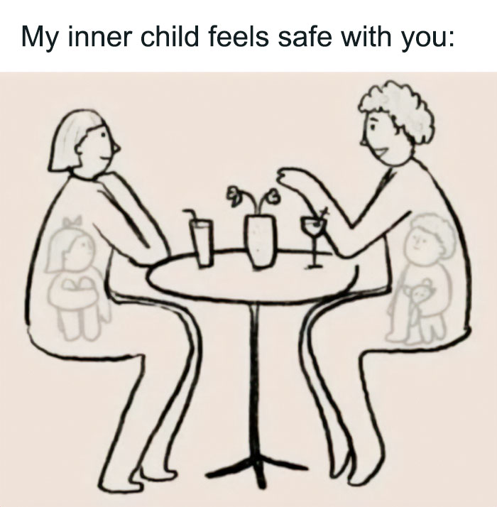 Illustration of couple feeling safe with their inner child, couple meme
