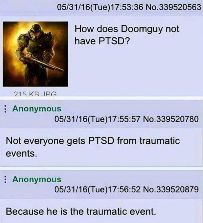 Discussion meme about Doomguy from Doom and PTSD in gaming