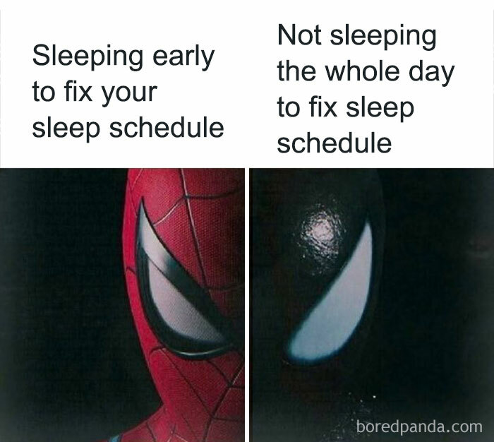 A split image of Spider-Man's face comparing sleep schedule fixes. A chaotic and unhinged pic about sleep.
