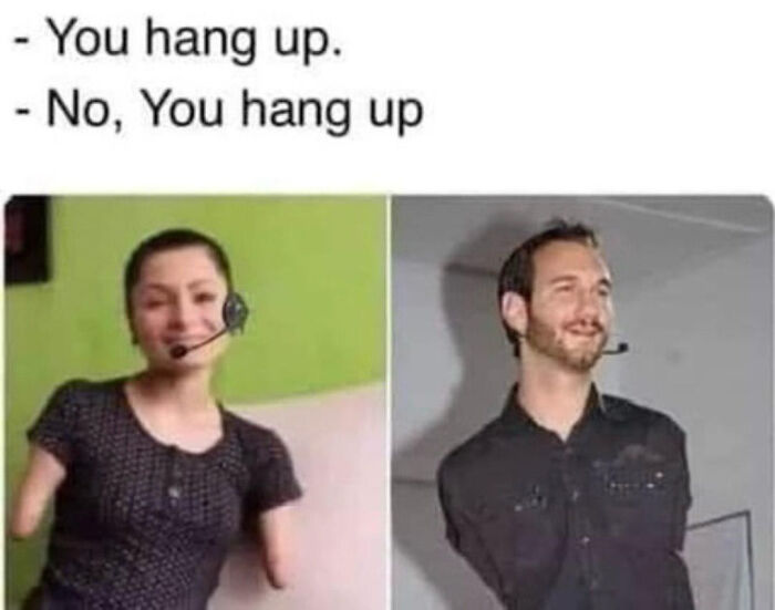 A blursed meme showing two people with missing arms wearing headsets, with a conversation about hanging up the phone.