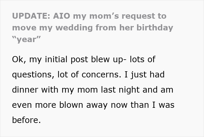 An update about a mom's request to move a wedding for her birthday celebration. An update about a mom's request to move a wedding for her birthday celebration.