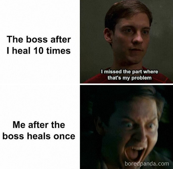 Spider-Man reaction meme about boss healing and gameplay frustration