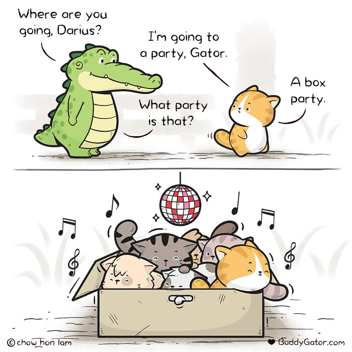 Wholesome comics: an alligator asking a cat about a box party, revealing multiple cats in a box.
