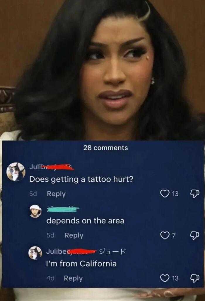 A blursed meme featuring Cardi B with a confused expression, superimposed with a comment section about tattoos hurting.