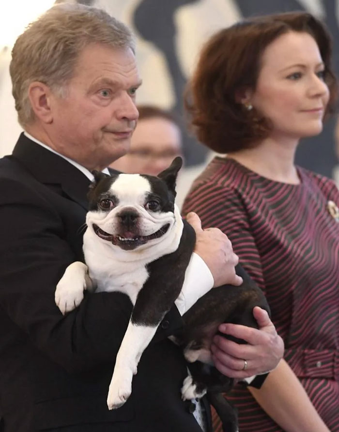 World leader holding a happy Boston Terrier dog in arms