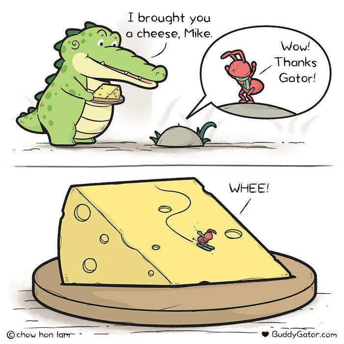 Wholesome comics: an alligator gives a large cheese to an ant friend, who enjoys it like a slide.