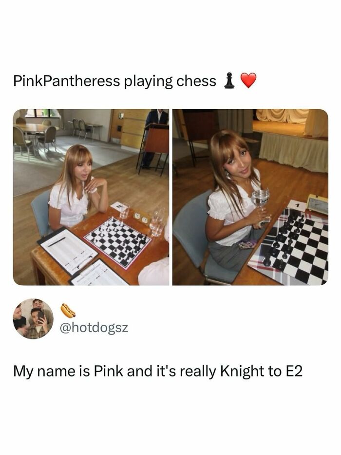 A meme showing PinkPantheress playing chess, a popular pop culture post giving good vibes.