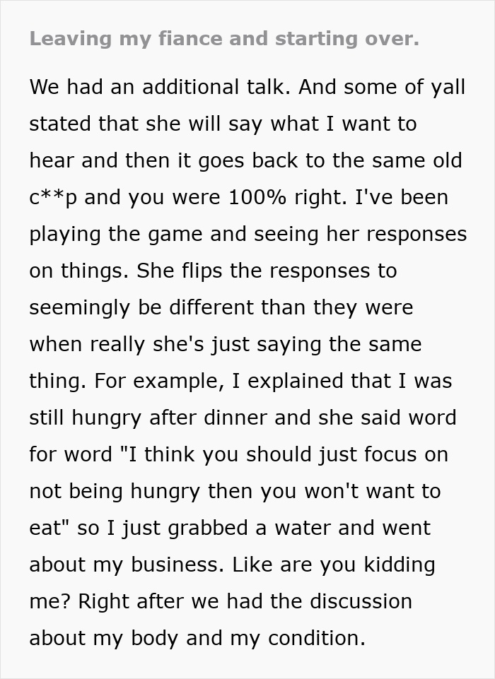 Text describes a man's realization that his fiancée is the problem, highlighting her dismissive response to his hunger. Text describes a man's realization that his fiancée is the problem, highlighting her dismissive response to his hunger.