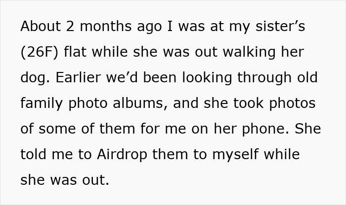 Narrative text about woman visiting sister's flat and receiving old family photos via phone