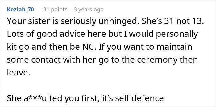 Reddit comment calling sister unhinged and advising limited wedding attendance Reddit comment calling sister unhinged and advising limited wedding attendance