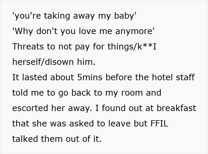 A woman's drunken tantrum at a hotel during a honeymoon trip with her son, yelling threats.