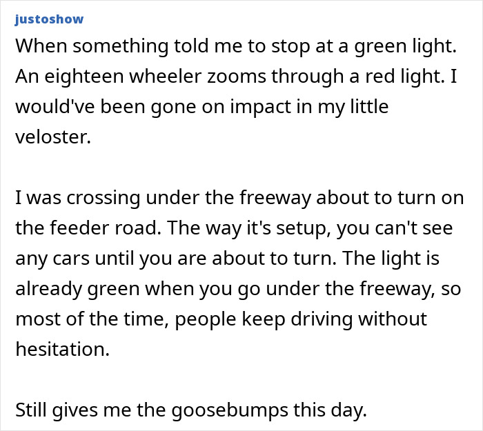 Real-life stories of gut feelings: A driver stops at a green light, avoiding a crash with an eighteen-wheeler.