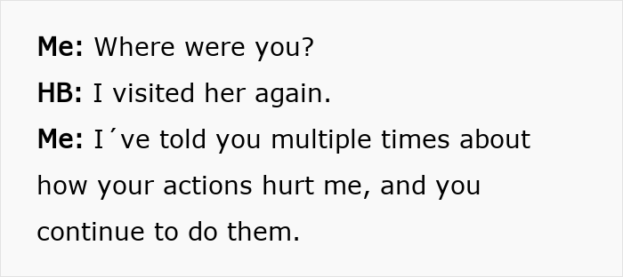 Text showing a pregnant woman confronting her husband about disappearing for hours to visit his late ex. Text showing a pregnant woman confronting her husband about disappearing for hours to visit his late ex.